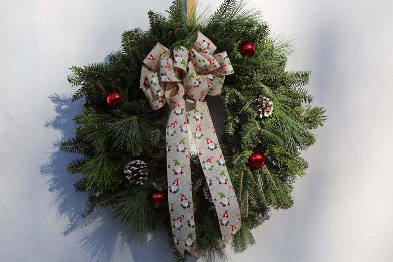 Fresh Handmade Circular Wreaths with Gnome Ribbon