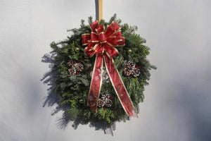 Fresh Handmade Wreaths with Red & Gold Ribbon